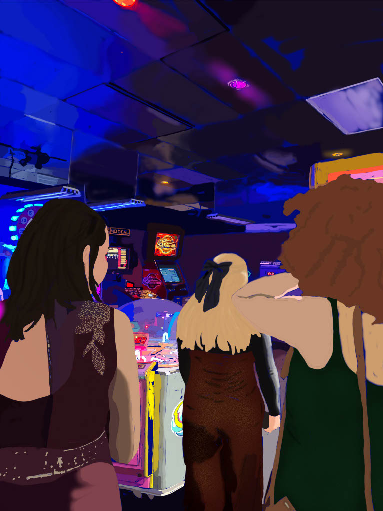 Image of three girls facing a room with arcade games
